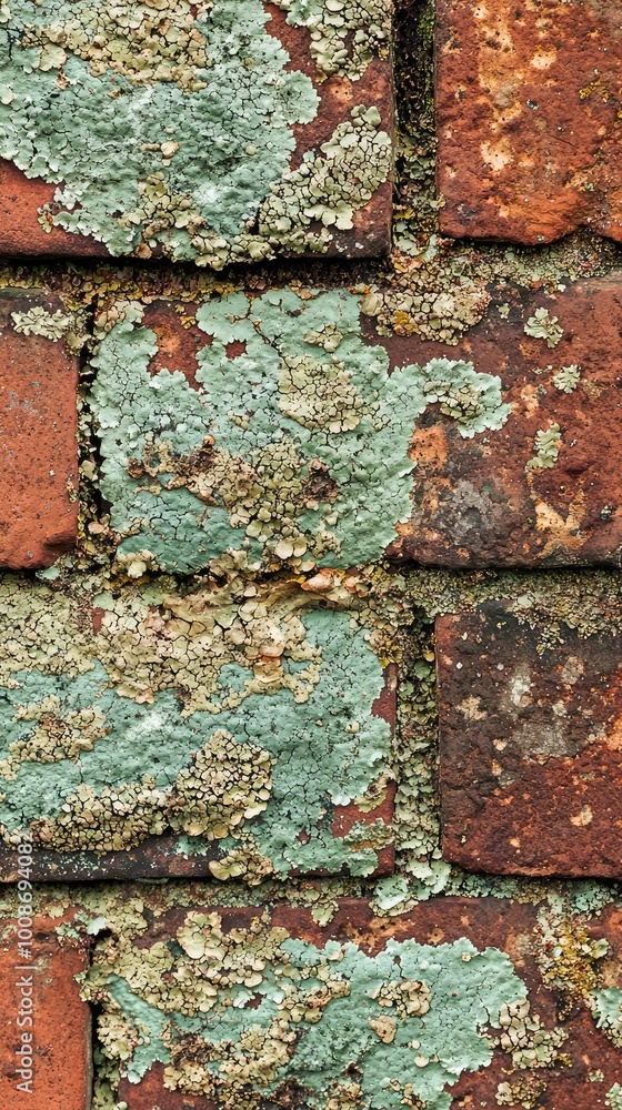 Poster close-up of a weathered brick wall with moss and lichen, showcasing a unique texture and color varia