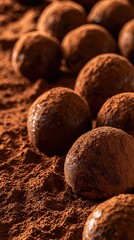 Close-up of chocolate truffles covered in cocoa powder, showcasing a rich texture and inviting presentation for dessert enthusiasts.