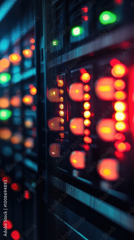 Aufkleber close-up of illuminated server lights in a data center, showcasing technology and digital connection