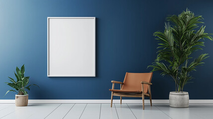 Blank frame mockup on a wall in a blue room with an armchair and plants.  AI generation.