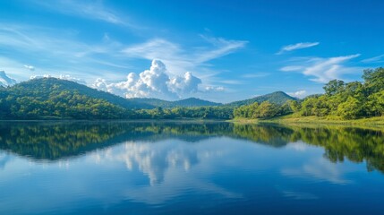 Fototapeta premium The calm waters of Srinagarind Reservoir, reflecting the surrounding hills and blue skies.