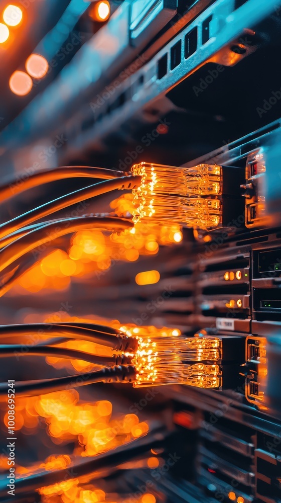 Poster close-up of network cables connected to a server, showcasing vibrant lights and technology in a mode