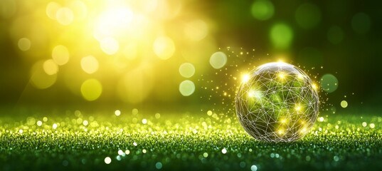 Glowing Digital Globe on Green Background Symbol of Sustainable Technology and Innovation