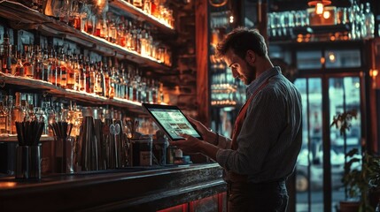 Waiters, bartenders barista work with the tablet in cafe bar