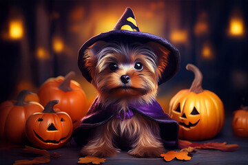 Cartoon picture of funny dog with Halloween decorations.