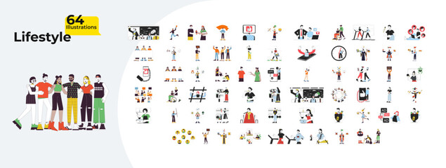 Lifestyle human relationships cartoon flat illustrations mega bundle. Archetypes. Smartphone addiction. Protest. Daily routine 2D images isolated on white. Collection vector drawings colorful