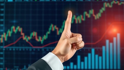Close-Up of Businessman's Hand Interacting with Stock Market Graphs and Financial Indicators. Immersive Digital Investment Diagrams with Holographic Financial Data