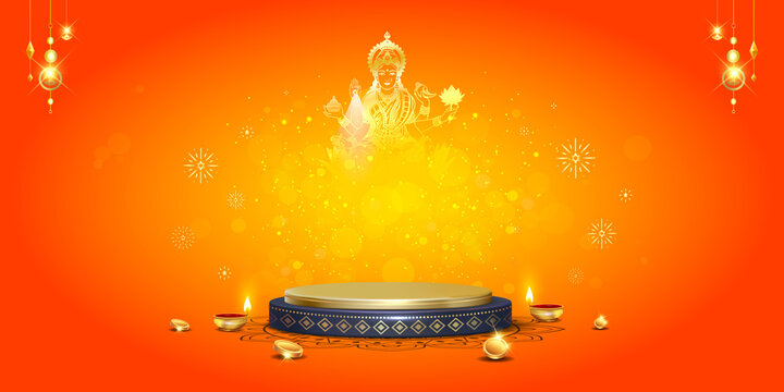 Background for Dhanteras diwali puja with podium golden coins and maa lakshmi. poster banner greeting card design.