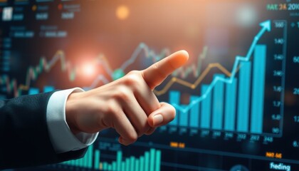 Close-Up of Businessman's Hand Interacting with Stock Market Graphs and Financial Indicators. Immersive Digital Investment Diagrams with Holographic Financial Data