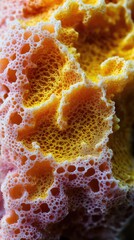 Close-up of vibrant orange and yellow coral sponge, showcasing intricate textures and patterns found in marine life.