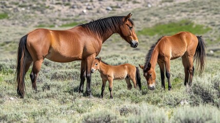 A group of wild horses, including a mare and her foal, grazing in a lush green landscape.
