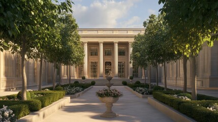 Obraz premium The elegant entrance to the Palais Royal, with its symmetrical columns and garden
