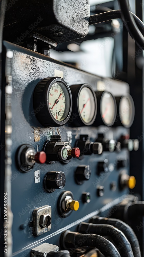 Poster close-up view of industrial control panel with gauges and buttons, showcasing precision engineering 