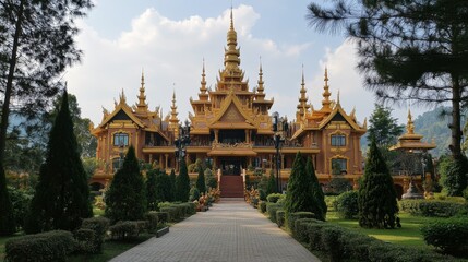 The grand architecture of Wat Pa Phu Kon, with its beautiful golden spires and serene surroundings.