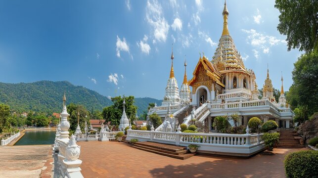 The grand architecture of Wat Pa Phu Kon, with its beautiful golden spires and serene surroundings.