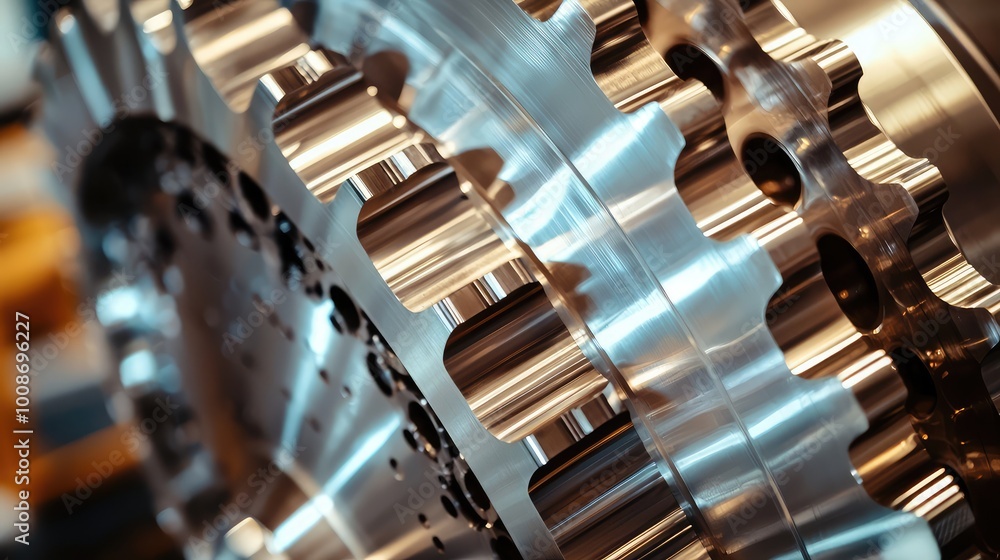 Poster close-up view of metallic gears highlighting precision engineering and intricate details in machiner