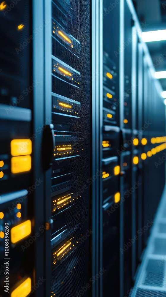 Poster close-up view of modern server racks featuring illuminated indicators in a data center, showcasing t