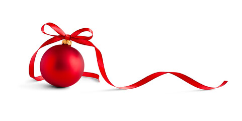Red bauble, christmas ball with a ribbon decoration, isolated on transparent background.
