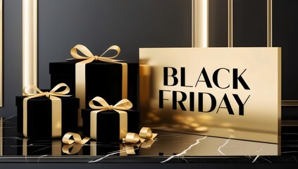 Luxurious Black Friday Concept with Golden Accents and Elegant Gifts on a Marble Surface - Perfect for Exclusive Offers and Sales Promotions