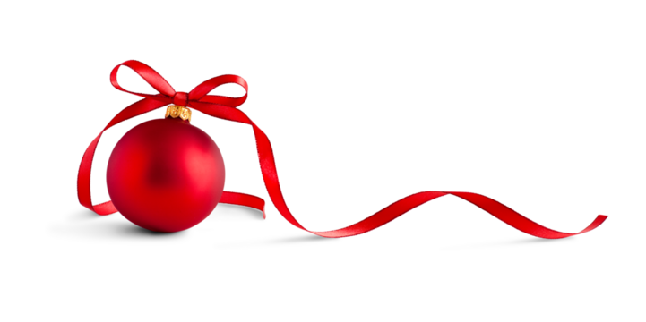 Red bauble, christmas ball with a ribbon decoration, isolated on transparent background.
