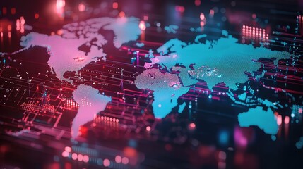 Obraz premium Colorful digital world map with vibrant lights and lines, representing technology and globalization in a modern context.