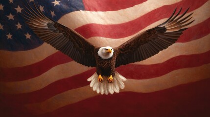 Naklejka premium Bald Eagle Spreading Wings with American Flag Background