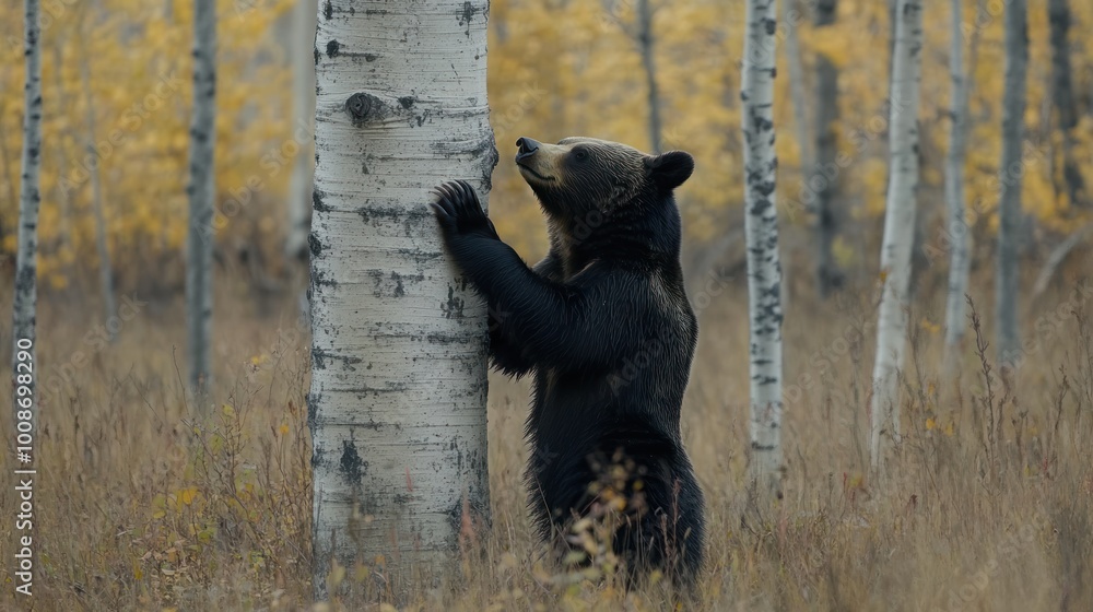 Poster A bear climbs a white birch tree in a serene autumn landscape.