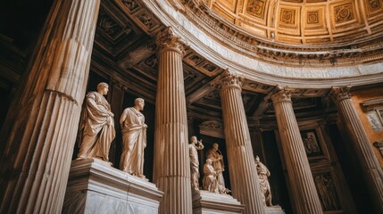 The intricate marble work inside the Pantheon, with its grand columns and historical statues.