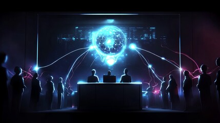 Explainable AI (XAI), A futuristic courtroom scene with holographic evidence projected from a judge's bench, where an AI system is explaining its decision-making process.