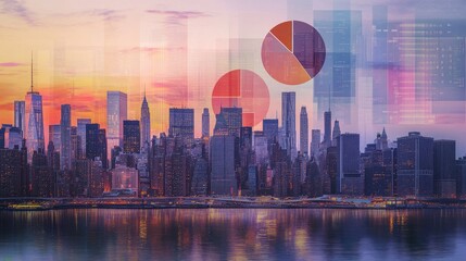 Urban Skyline with Charts and Data Visualization Elements