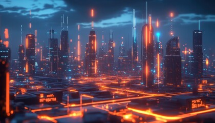 Fototapeta premium Futuristic Cityscape Illuminated by Glowing Lights at Night