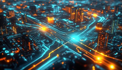 Obraz premium Futuristic Cityscape with Glowing Traffic Lights and Skyscrapers