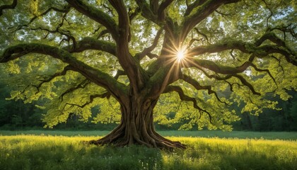 Majestic oak tree with sunburst through branches symbolizing enduring love for Valentine's Day
