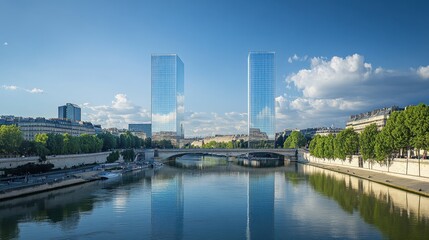 Naklejka premium The modern glass towers of the Bibliothque Nationale de France, reflecting the city skyline.