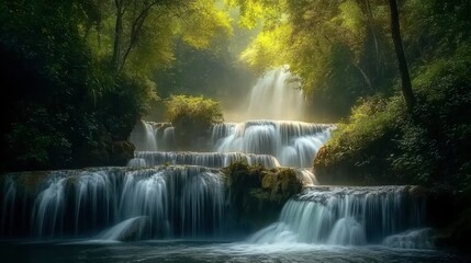 Obraz premium The natural beauty of the Huay Mae Khamin Waterfall, cascading through the forest in tiers.