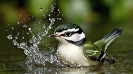 Obraz premium A small bird splashes in water, showcasing its vibrant plumage and playful behavior.
