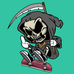Grim Reaper Skeleton Riding a Skateboard Cartoon