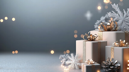 Minimalistic photo of 3D professional advertising poster with Christmas gifts in elegant packaging, snowflakes and shining lights on a clean background 