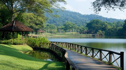 Fototapeta premium The peaceful atmosphere at Bueng Thung Sang Park, with its serene lake and scenic walking paths.