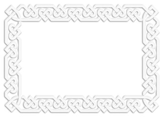 Celtic frame with hearts, white. Linear border made with Celtic knots, which looks like a plaster ornament, for use in St. Patrick's Day designs.