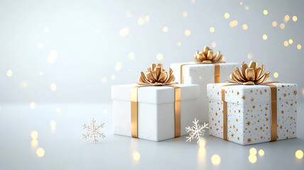 Minimalistic photo of 3D professional advertising poster with Christmas gifts in elegant packaging, snowflakes and shining lights on a clean background 