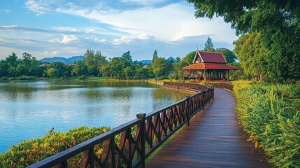 Fototapeta na wymiar The peaceful atmosphere at Bueng Thung Sang Park, with its serene lake and scenic walking paths.