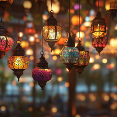Colorful Moroccan Hanging Lanterns at Night