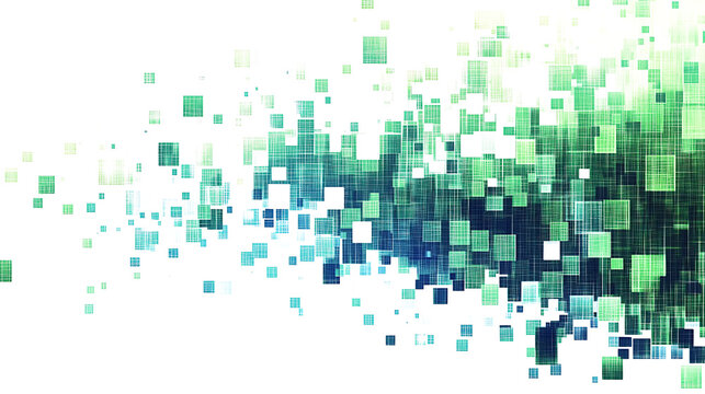 colorful square pixel pattern on white background, tech design concept, A vibrant abstract image featuring a gradual transition from green to white pixels. 