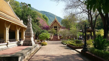 The peaceful gardens at Wat Tham Phu Wa, with tourists exploring the intricate temple grounds.
