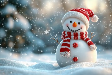 Obraz premium Snowman with a red scarf in a snowy scene.