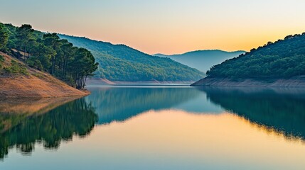 The peaceful reflections of trees and mountains in the calm waters of Srinagarind Dam at sunrise.