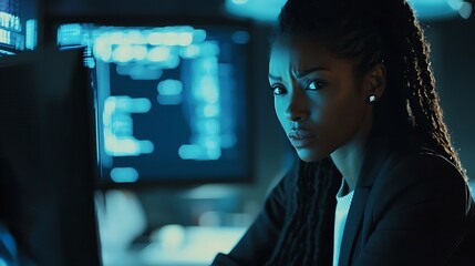 Cybersecurity analysis in a dark, tech-rich setting by an African American woman.