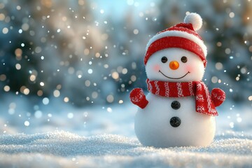 Fototapeta premium Snowman with a red scarf in a snowy scene.