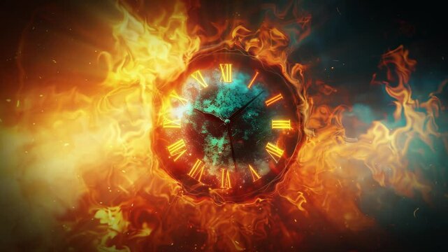 An old clock on fire with smoke. 4k video